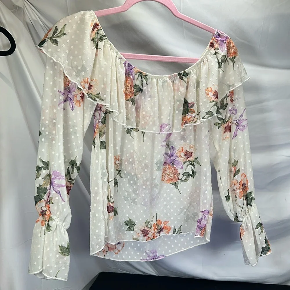 Toska Floral On/Off Shoulder Ruffle Slightly‎ Sheer Long Slv Festivals Boho S